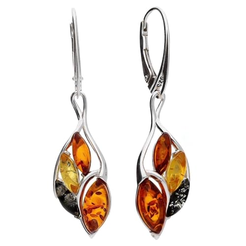 Boucles d'oreilles pendantes en ambre de la Baltique mélangé en forme de goutte déformée avec fermoir à levier - Argent 925 - Bijoux en ambre pour femmes. 070238