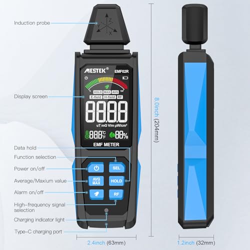 EMF Messgerät MESTEK 5-in-1 EF/MF/Radio-Frequenz EMF Meter, Elektromagnetische Felder Hochfrequenzfeld Strahlung Messgerät, mit Digitaler LCD Wiederaufladbarer für Zuhause, Büro und Outdoor