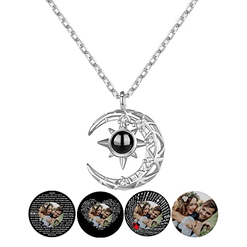 Certykllp Personalize Sterling Silver Photo Moon Necklace with I Love You in 100 Languages Custom Moon Picture Pendant Photo Projection Necklace Jewelry Gifts for Girlfriend Wife Mom Daughter Sister