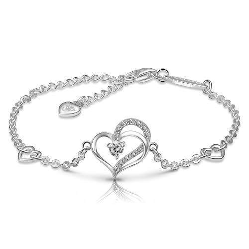 Heart Bracelet Sterling Silver for Women, Cubic Zirconia Love Charm Eternity Bracelet Jewelry Anniversary Birthday Valentine for Her