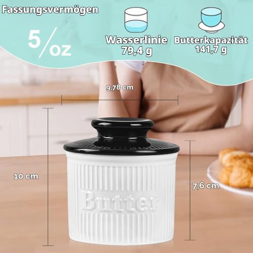 Schwarz-Weiß-Butterbehälter erweicht Butter sicher bei Raumtemperatur, wassergekühlte Butterschale mit Wasserlinien-Keramik… – Ansicht 2