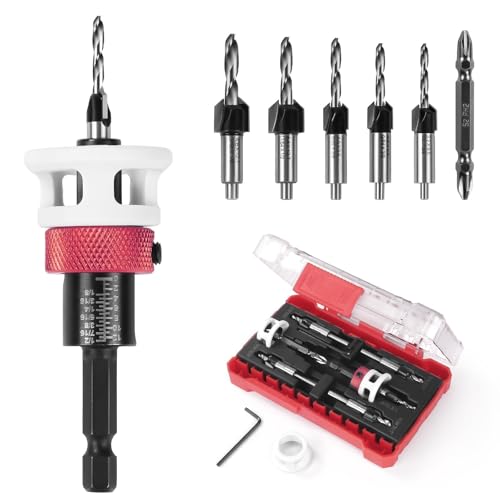 5 Pieces Countersink Drill Bit Set with Adjustable Low Friction Depth Stop, 1/4