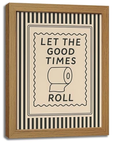 Msvenors Framed Funny Bathroom Wall Art Canvas, Let The Good Times Roll Toilet Paper Quote Print, Black and White Striped Retro Bathroom Wall Decor, Minimalist Humor Restroom Wall Picture 8x10 Inch