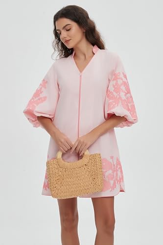 Image of D-Sun Women Floral Embroidery Mini Dress 3 /4 Puff Sleeves V Neck Tunic Mini Dress Zip Party Dresses