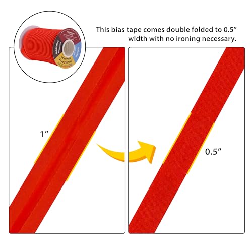 Mandala Crafts 55 Yards 1/2 Inch Red Double Fold Bias Tape for Sewing - Bias Binding Tape for Quilting Binding, Hemming, Seam, and Fabric Piping