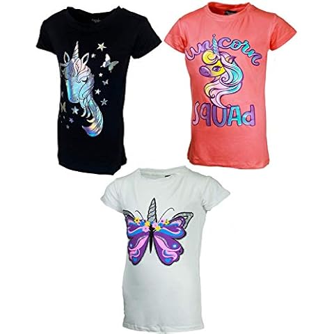 MISS POPULAR Girls 3-Pack Super Soft Short Sleeve T-Shirts Unicorn Butterfly Glitter Print Cute Design| Sizes 7-16 (Combo B, 7/8) Cover