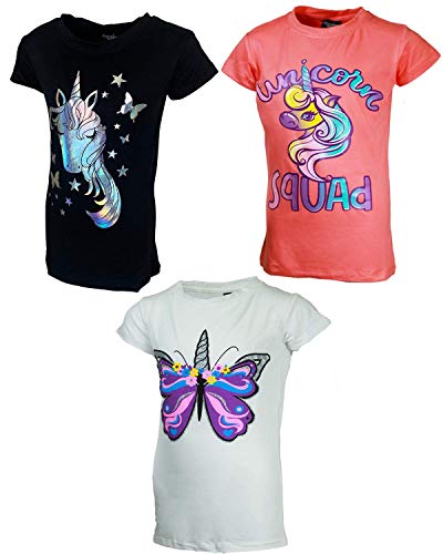 Miss Popular Girls 3-Pack Super Soft Short Sleeve T-Shirts Unicorn Butterfly Glitter Print Cute Design| Sizes 7-16 (Combo B, 7/8) #TOP21