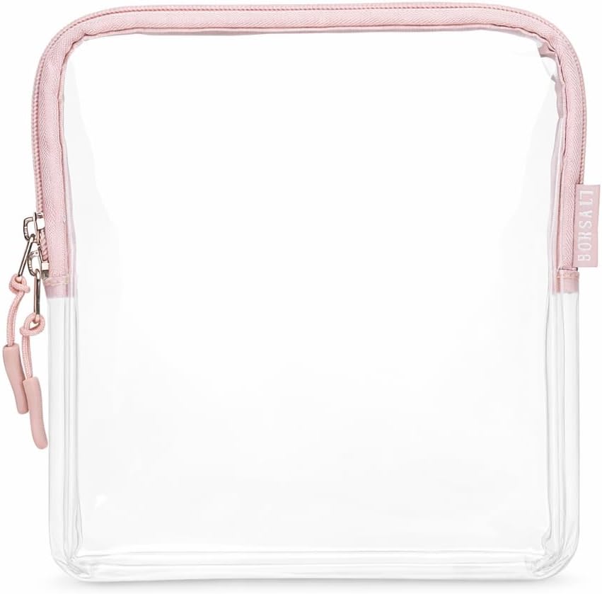 BORSALI TSA Approved Toiletry Bag - Clear Quart Size for 3-1-1 LIquids for Carry On Travel - Toiletries Organizer - Cosmetic Pouch with Zipper - Travel Accessories - Rose