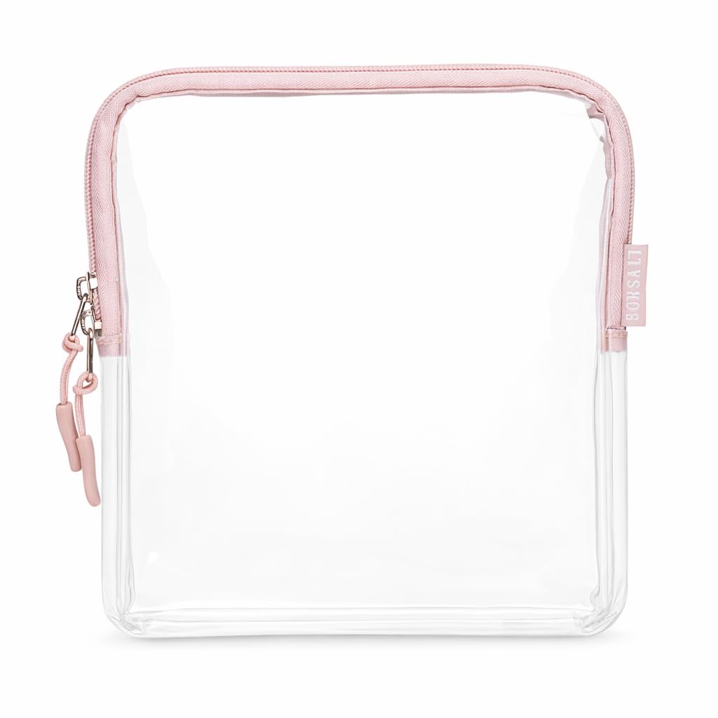 BORSALI TSA Approved Toiletry Bag - Clear Quart Size for 3-1-1 LIquids for Carry On Travel - Toiletries Organizer - Cosmetic Pouch with Zipper - Travel Accessories - Rose