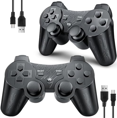 OKHAHA Controller 2 Pack for PS3 Wireless Controller for Sony Playstation 3, Double Shock 3, Bluetooth, Rechargeable, Motion Sensor, Remote for PS3 (With Stripes(Black + Black))