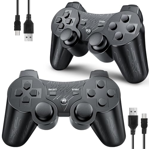 OKHAHA Controller 2 Pack for PS3 Wireless Controller for Sony Playstation 3, Double Shock 3, Bluetooth, Rechargeable, Motion Sensor, Remote for PS3 (With Stripes(Black + Black)) by OKHAHA - Used condition - US$20.29