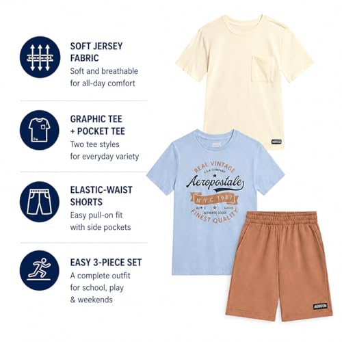 Image of AEROPOSTALE Boys Athletic Shorts Set 3 Piece Graphic T Shirts Fleece Shorts | Soft Breathable Jersey Tees, Elastic Waistband, Side Pockets, Screen-print Design, Durable Stitching for School & Play