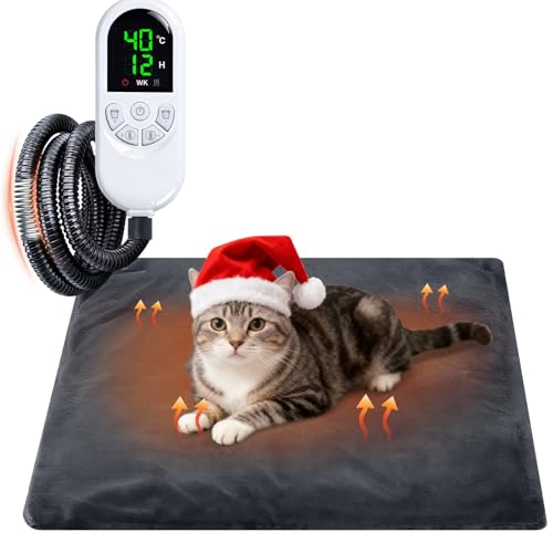Qoosea Tappetino Riscaldante per Gatti e Cani 45x45cm, Tappeto Termico per Animali con 30-60°C Temperatura Regolabile e Timer, Cuscino Termico Elettrico Cane Sicuro con Cavo Anti-Morso