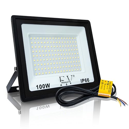 F&V PRODUCTS Faretto LED da Esterno 100W, Cavo 1 M, Luce Bianca Fredda 6500K, 10000 LUMEN, IP66, IK08, Alluminio e Vetro Temperato, Faro LED 220V per Illuminazione Esterna, Giardino, Garage, Facciate