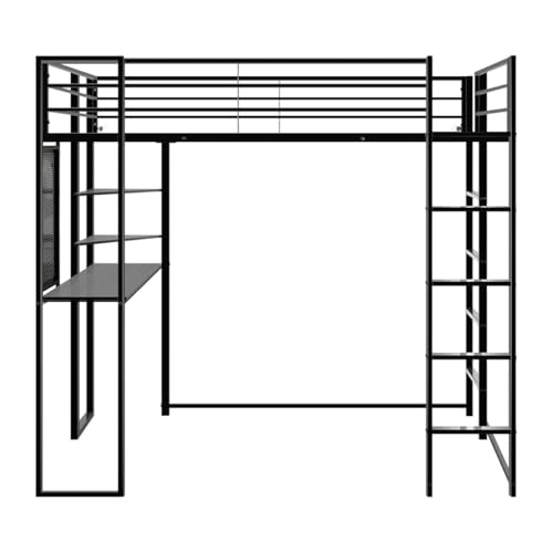 JINS&VICO Twin Size Loft Bed with Desk and Shelves, Metal Loft Bed Frame with 2 Built-in Ladders, Guardrail, Loft Bed for Juniors, Adults, Noise-Free & No Box Spring Needed, Black
