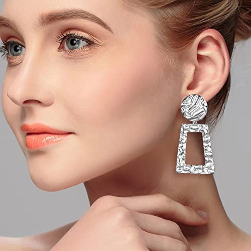 Fiklon Clip On Earrings Women Silver Gold Clip Earrings Non Pierced Dangle Drop Earrings Statement Retro Fake Earring Hammered Styles Geometry Square Elegance Jewelry (Silver Clip) #TOP1