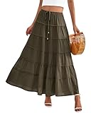 BTFBM Women's Spring Tiered Maxi Skirt Drawstring Elastic Mid-Waist Flowy Boho Dress Summer Beach Vacation Long Skirts(Solid Army Green, Large)