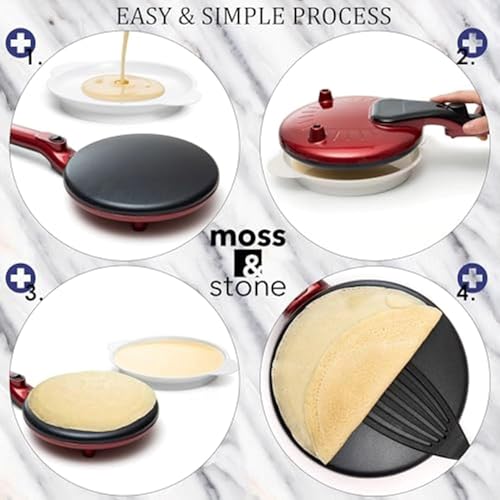 Image of Moss & Stone Red Electric Crepe Maker, 8 inch Portable Nonstick Crepe Pan | Nonstick dipping plate, auto shut-off, on /off switch, even heating, dual temperature control, compact design