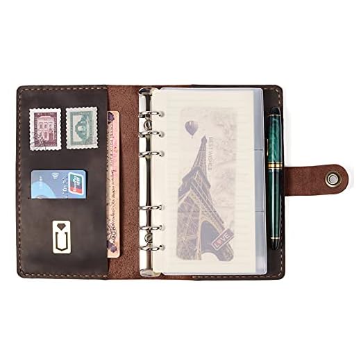 Leather Refillable Hardcover Notebook - A6 7.5*4.8 Small Leather Travel Journal with Lined,Vintage Handmade 6 Ring Binder Bullet Writing Journal Diary Organizer Planner for Men|Women|Business|Gift