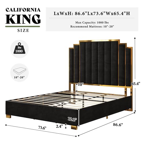 Image of AMERLIFE California King Size Upholstered Bed, Modern Velvet Bed Frame with 65.4 inch Tall Gold Trim Headboard, No Box Spring Needed, Black