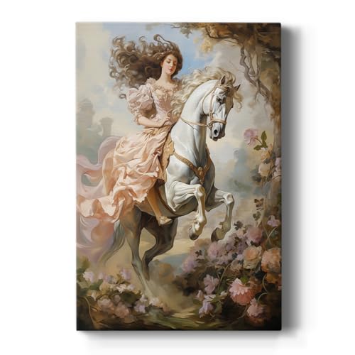 Renditions Gallery Wall Art For Home Decor Pastel Elegant Lady Riding White Stallion Canvas Wall Decorations for Kitchen Bedroom Lounge - 32" X 48" LT567