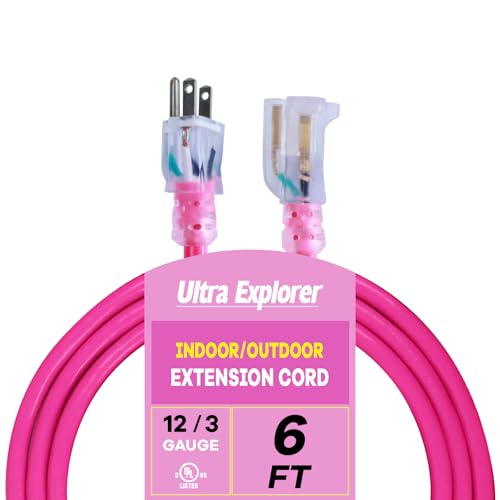 Ultra Explorer Indoor Outdoor Extension Cord Waterproof 6 FT, 12 Gauge Heavy Duty Pink Extension Cord SJTW, Flexible Cold-Resistant 3 Prong Grounded Power Cord for Lawn, Garden, Appliance, UL Listed