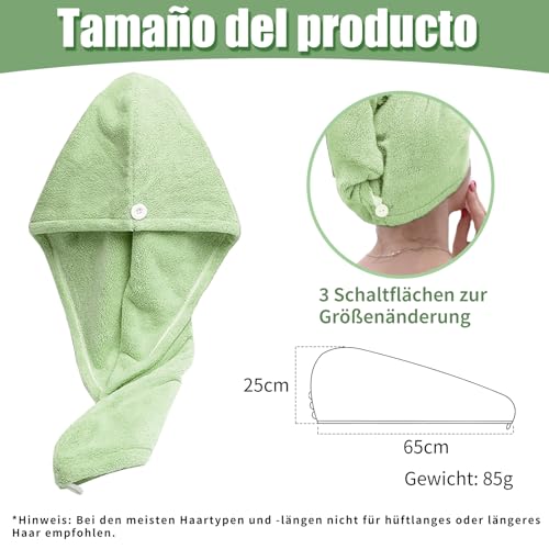Xkzhrr Mikrofaser Handtuch Haare Turban, 2 Stück Microfiber Towel Hair, Turban Handtuch mit Knopf, Kopftuch Handtuch für Lange Haar, Super saugfähig,Schnell trocknendes Mikrofaser-Handtuch (Grün)