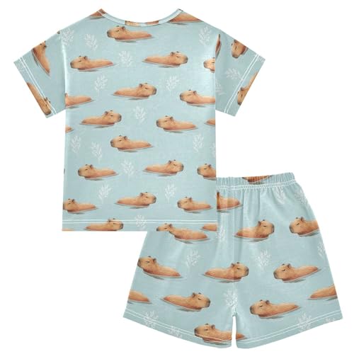 Pajama Short Sets Capybara Swimming Water Soft Cotton Summer Sleepwear 2 Piece PJS Size 5-14T2