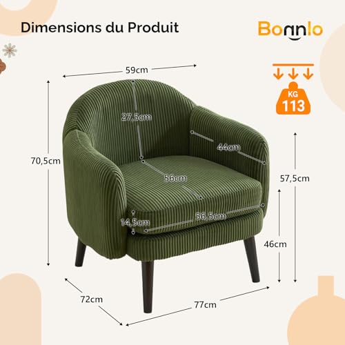 Fauteuil Moderne Velours Côtelé Vert 77 cm Bonnlo