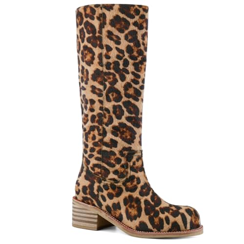 UBWDU Leopard Knee High Boots for Women Chunky Heel Block Long Tall Boots Low Heel Square Toe Platform Campus Boots 7