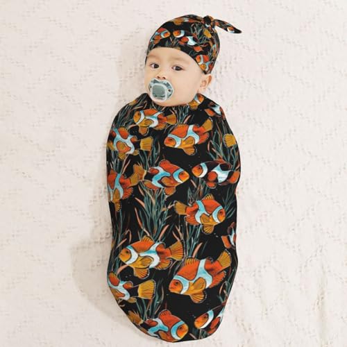Image of Watercolor Tropical Fish Clownfishes Newborn Swaddle Blankets Hat Sets Soft Baby Receiving Blanket Swaddle Sack for Baby Shower Infant Boy Girl Gift