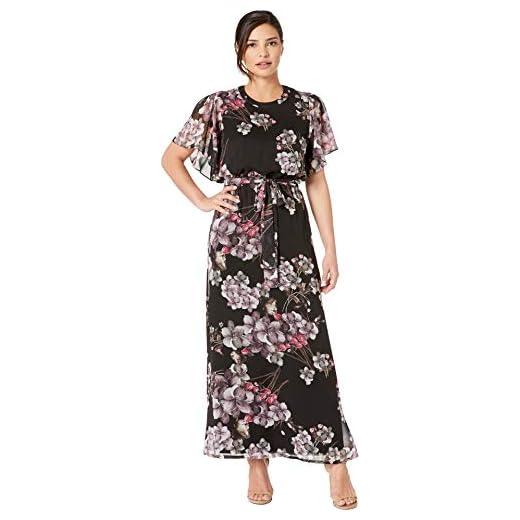 NINE WEST Women's Flutter Sleeve Maxi Dress, Black/Violet Dove Multi, 10