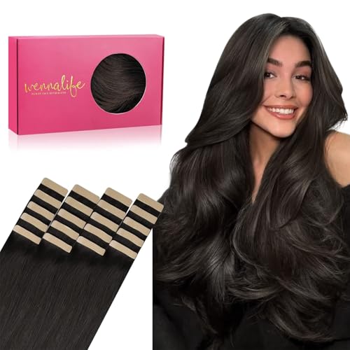 WENNALIFE Extension Capelli Veri Biadesivo, 20pz 35cm 50g Marrone Scuro Extension Biadesive Capelli Veri Lisci Remy Tape in Hair Extensions Capelli Setosi