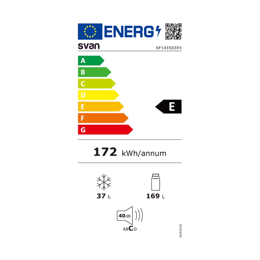 Svan Frigorífico Estandar, 2 Puertas, Inox, SF145503EX, Capacidad 206 Litros, Puerta Reversible, Bajo Nivel Sonoro, Eficiencia Energética Clase E