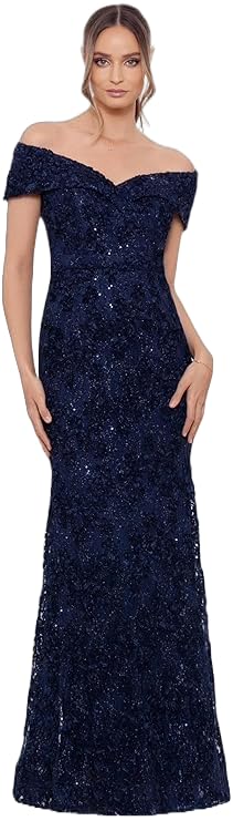 Image of Xscape Women's Off The Shoulder Sequin & Lace Overlay Evening Gown with Sweetheart Neckline, Sheath Formal Dress, Navy, 12