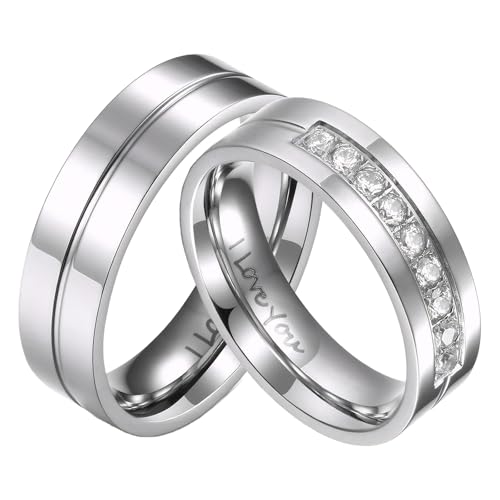 SWOPAN Couple Rings for Him & Her Stainless Steel Matching Promise Ring I LOVE YOU Princess Cut Cubic Zirconia CZ Wedding Engagement Bands for Women Men Lover Bridal Jewelry Comfort Fit, Women Size 9