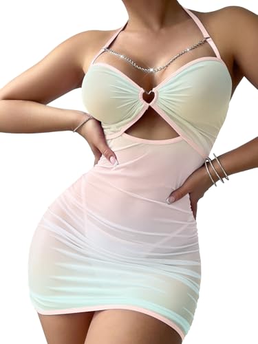 Image of Foxiny Sexy Chain Sheer Mesh Ruched Bodycon Mini Lingerie Dress with Thong 2 Piece Set Outfits