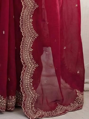 Image of SIRIL Women's Shimmer Georgette Scalloped Border Sequins Embroidery Saree with Unstitched Blouse Piece