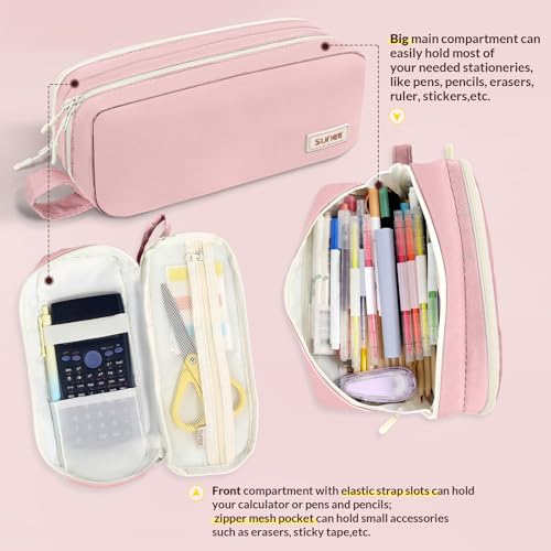 Image of SUNEE Pencil Case, Large Capacity Pencil Pouch, Aesthetic Pen Bag Office Stationery Organizer Simple Sturdy Multifunctional for Teen Girls Women Men, Pink