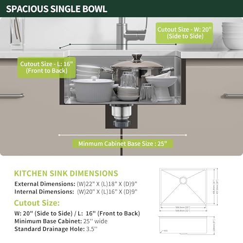 Image of 22-Inch Undermount Kitchen Sink, SINKVINE Stainless Steel Single Bowl