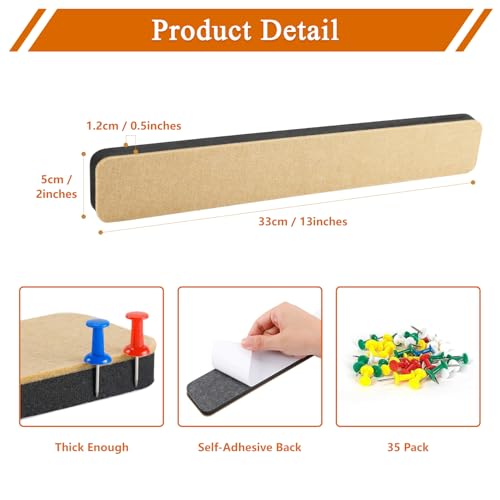 HULAVO 8Pcs Rectangle Felt Cork Board Bar Strips with 35 Pushpins, Self-Adhesive Bulletin Board Strips for Office School Home Wall Decor Stickers Memos Schedules Photos Display -Camel & Grey — view 5