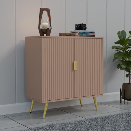 Image of Wooden Fluted Design Storage Cabinet with 2 Doors | Modern Sideboard Cabinet for Living Room, Bedroom & Entryway | Multipurpose Organizer Cupboard | HDMR Premium Wood | Gold Metal Legs (Beige)