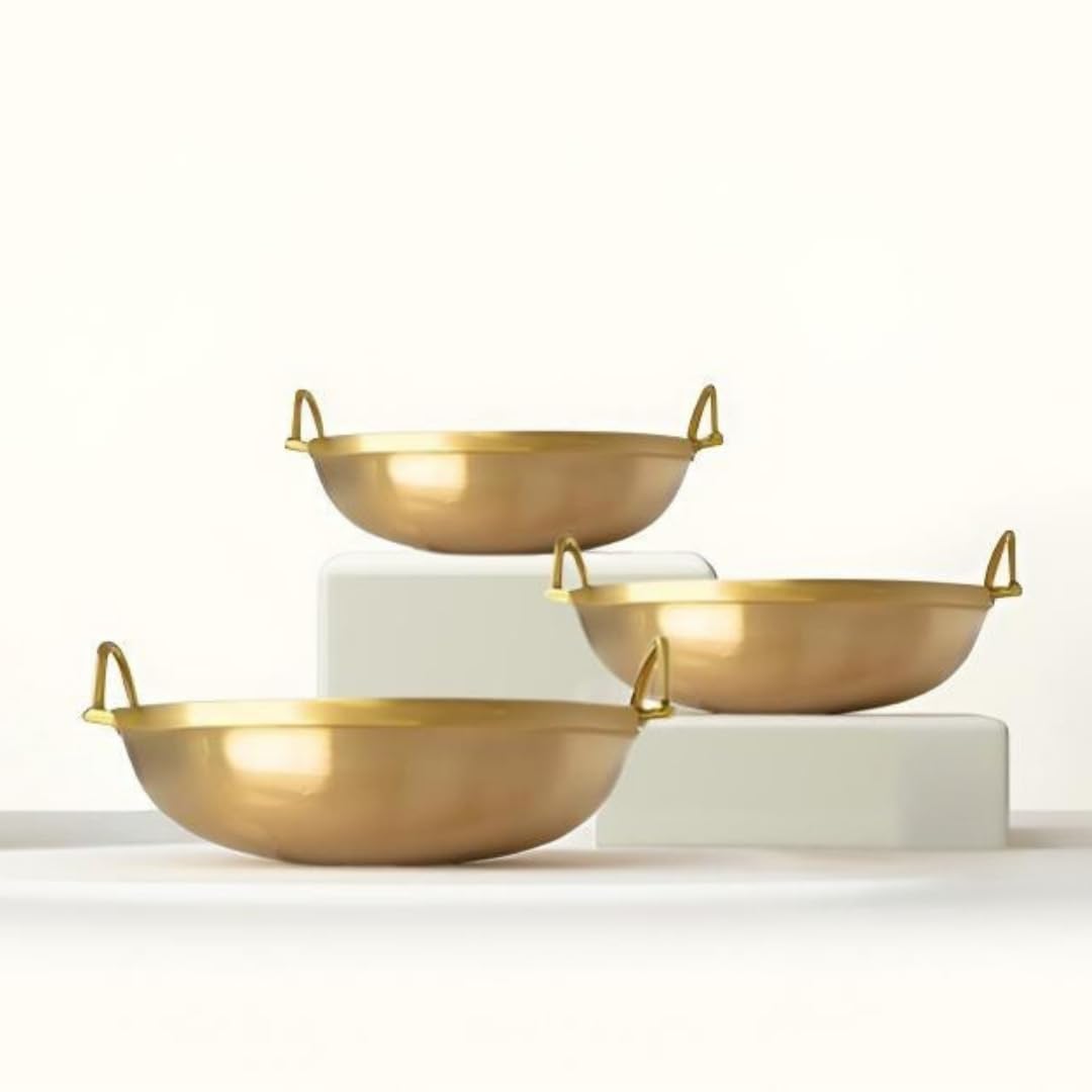 Nutrion Heavy Bronze Cooking Kadai Combo,Cooking Karahi,Wok (20cm/800ml,22cm/1.8 Litre& 24cm/3 Litre Kadai, Set of 3) Gold