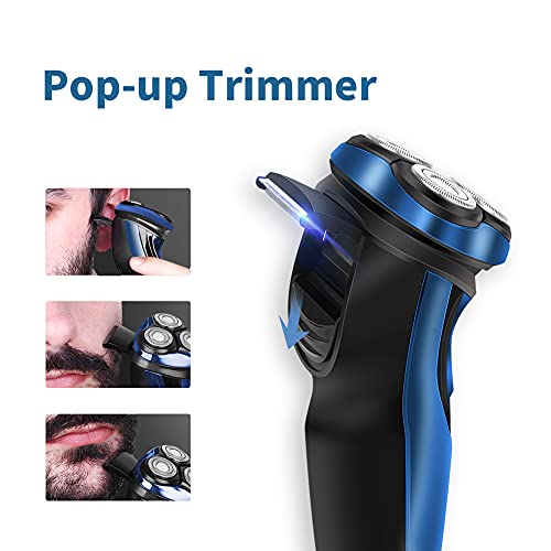 Electric Razor for Men Rotary Shaver Pop-up Beard Trimmer with LCD Display and Rechargeable Cordless Waterproof Blue