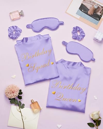 Image of Neer 21 Pcs Women Birthday Party Robe Set Queen Squad Kimono Satin Bathrobes with Eye Mask and Scrunchie for Birthday