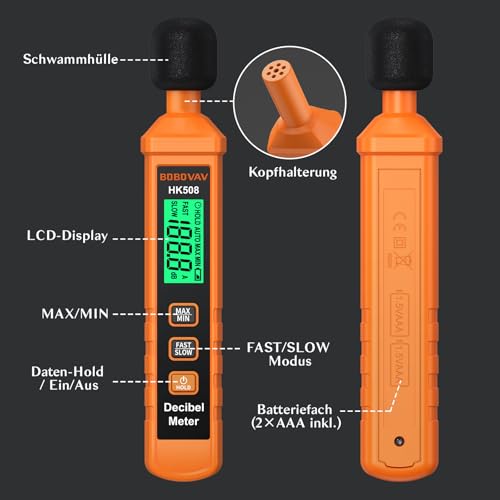 BOBOVAV Schallpegelmessgerät, Digitales Dezibel-Messgerät 30-130dB, Tragbar Schallpegelmesser A-Bewertung, MAX/MIN, Datenspeicherung, FAST/SLOW Reaktion, LCD-Display für Haushalt, Fabriken, Werkstatt