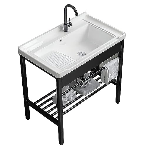 Évier Utilitaire en céramique Blanche, cuve Simple autoportante, évier d'extérieur en Acier Inoxydable, lavabo de Camping, lavabo avec Robinet et Planche à Laver pour buanderie, garages,
