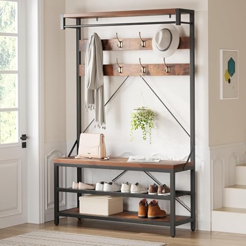 Rustic Hall Tree with Bench Shoe Storage & Hooks