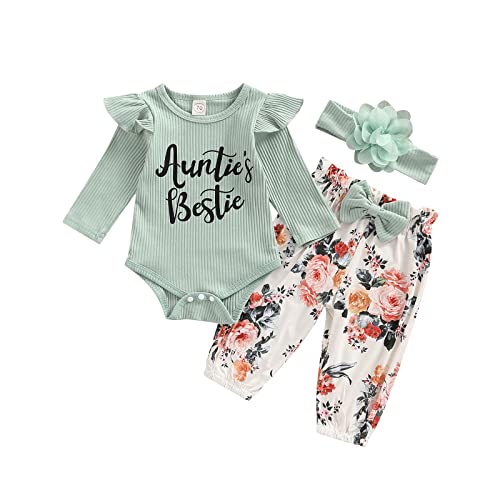 Image of Newborn Baby Girl Auntie Outfits Auntie's Bestie Short Sleeve Ribbed Romper Floral Shorts Clothes with Headband