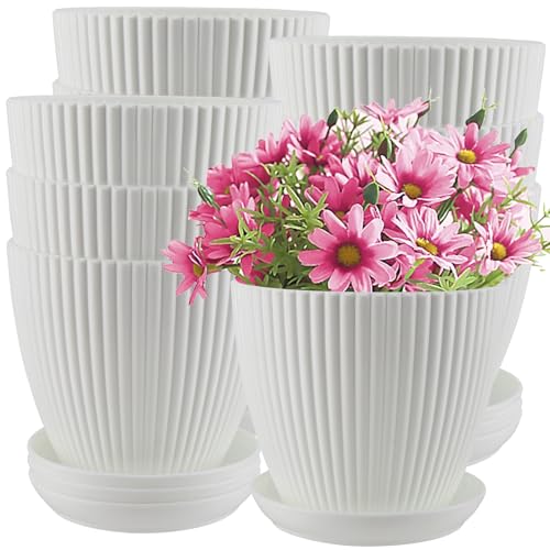 DAKFOOK 10 Pack White Plastic Plant Pots, 15cm Plastic Planters with Drainage Holes and Trays, Decorative Garden Flower Pots for Indoor and Outdoor Plants